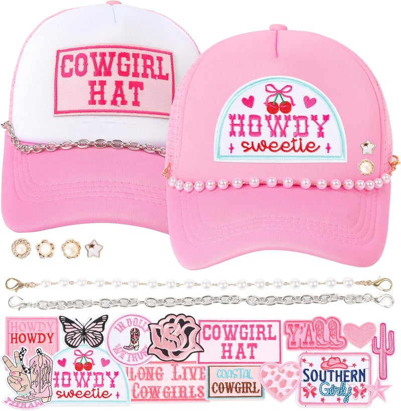 Meneng Women Trucker Hat Bulk: Western Adjustable Snapback Caps - Cowgirl DIY Hat Kit with Chains & Embroidered Patches - Image 1